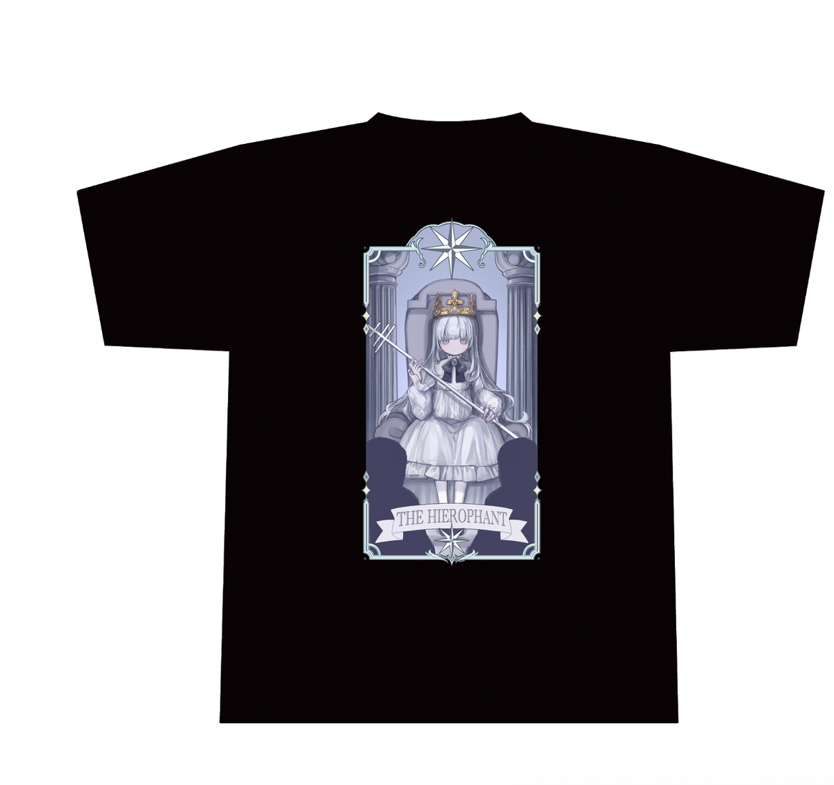 THE HIEROPHANT柄の黒いオーバーサイズTシャツの正面全体イメージ。
