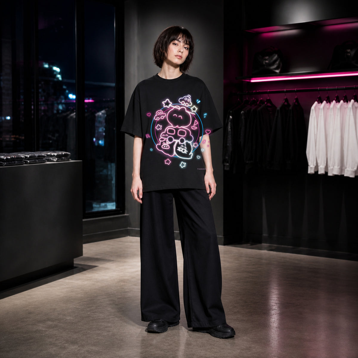 もくもくちゃんのネオン柄をプリントした黒のオーバーサイズTシャツを、若い女性がワイドパンツと合わせた着用画像。