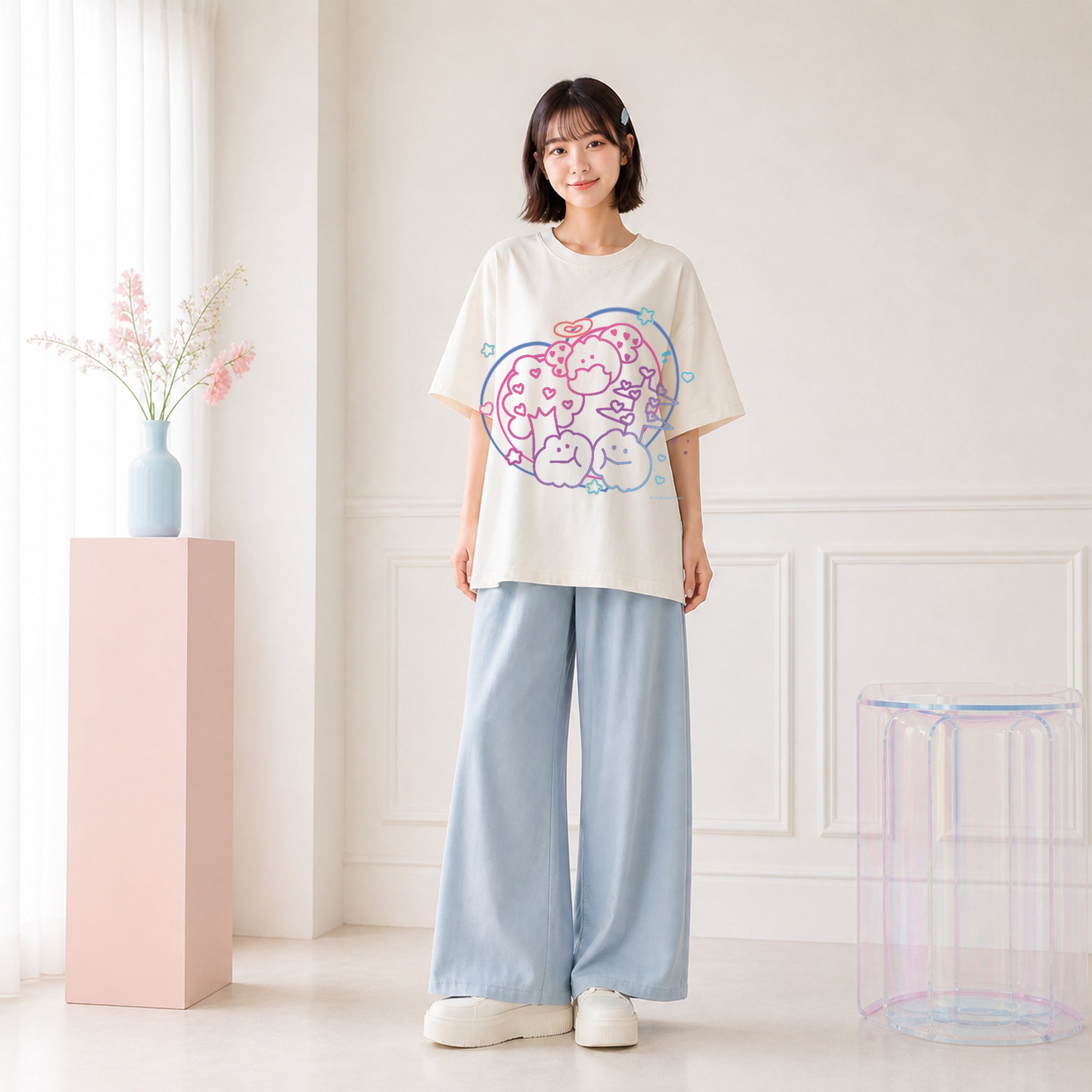 もくもくちゃんのパステル柄をプリントしたアイボリーのオーバーサイズTシャツを、若い女性が淡色パンツと合わせた着用画像。