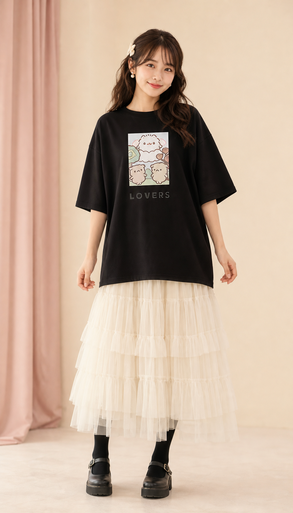 ポメラニアンもち オーバーサイズTシャツ ブラック 着用イメージ