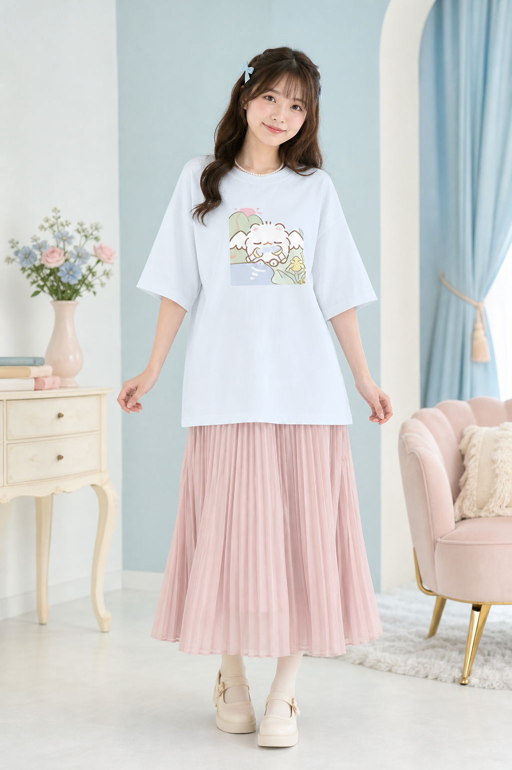 ポメラニアンもち オーバーサイズTシャツ ライトブルー 着用イメージ