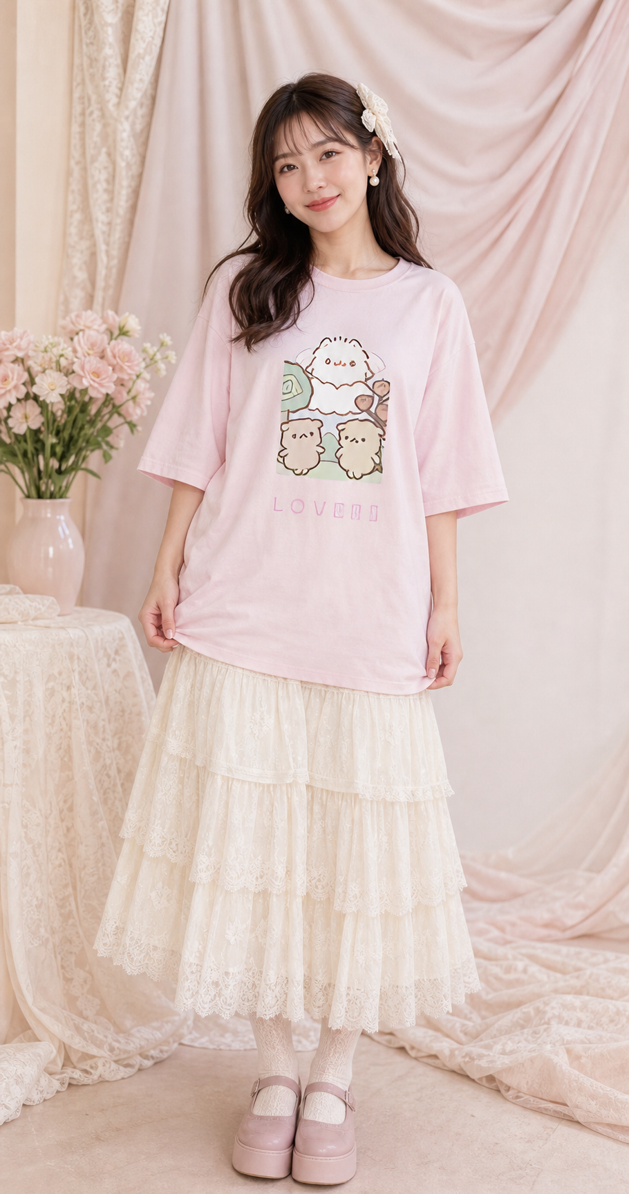 ポメラニアンもち オーバーサイズTシャツ ピンク 着用イメージ