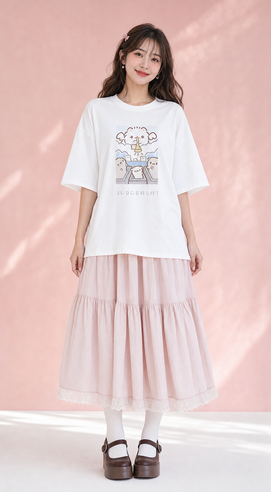 ポメラニアンもち オーバーサイズTシャツ ホワイト 着用イメージ