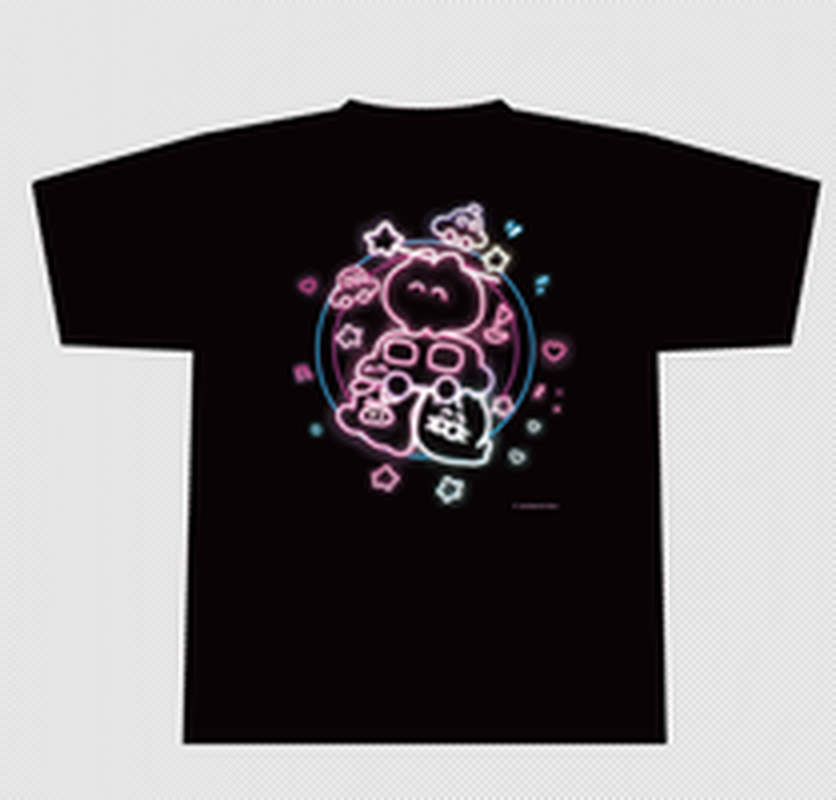 もくもくちゃんのネオン柄をプリントした黒のオーバーサイズTシャツの正面全体イメージ。