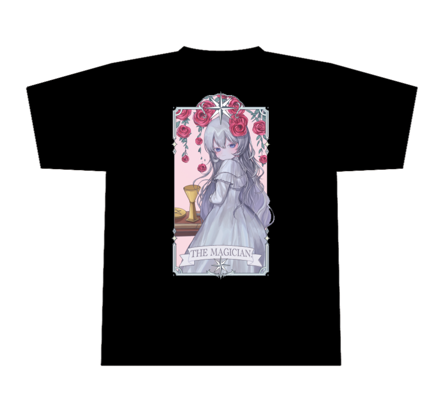THE MAGICIAN柄の黒いオーバーサイズTシャツの正面全体イメージ。
