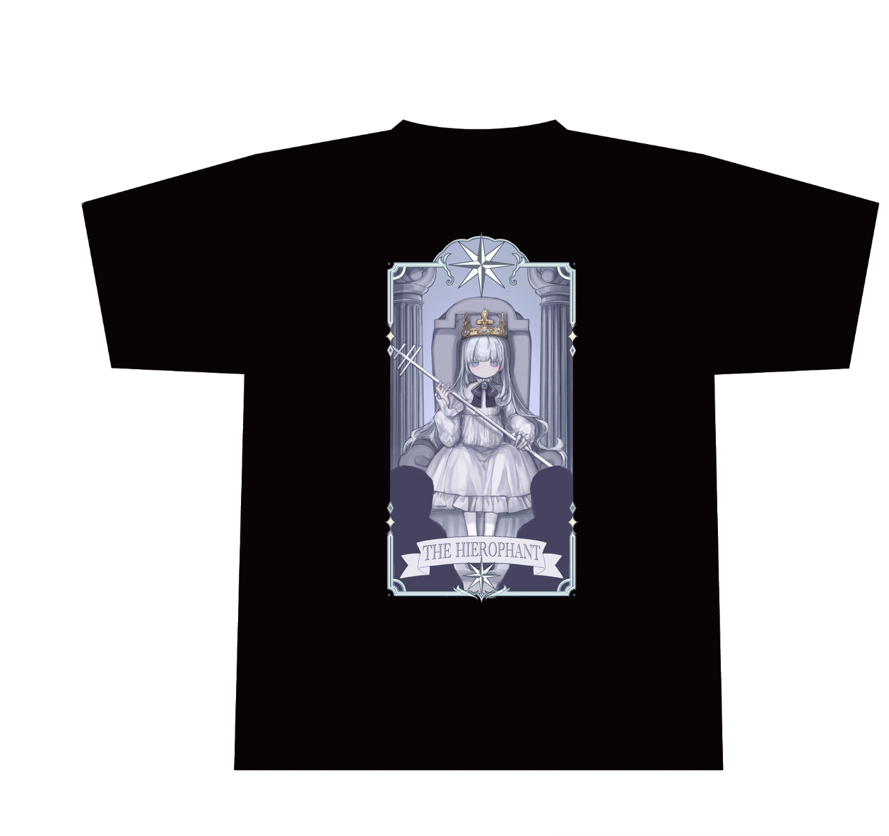THE HIEROPHANT柄の黒いオーバーサイズTシャツの正面全体イメージ。
