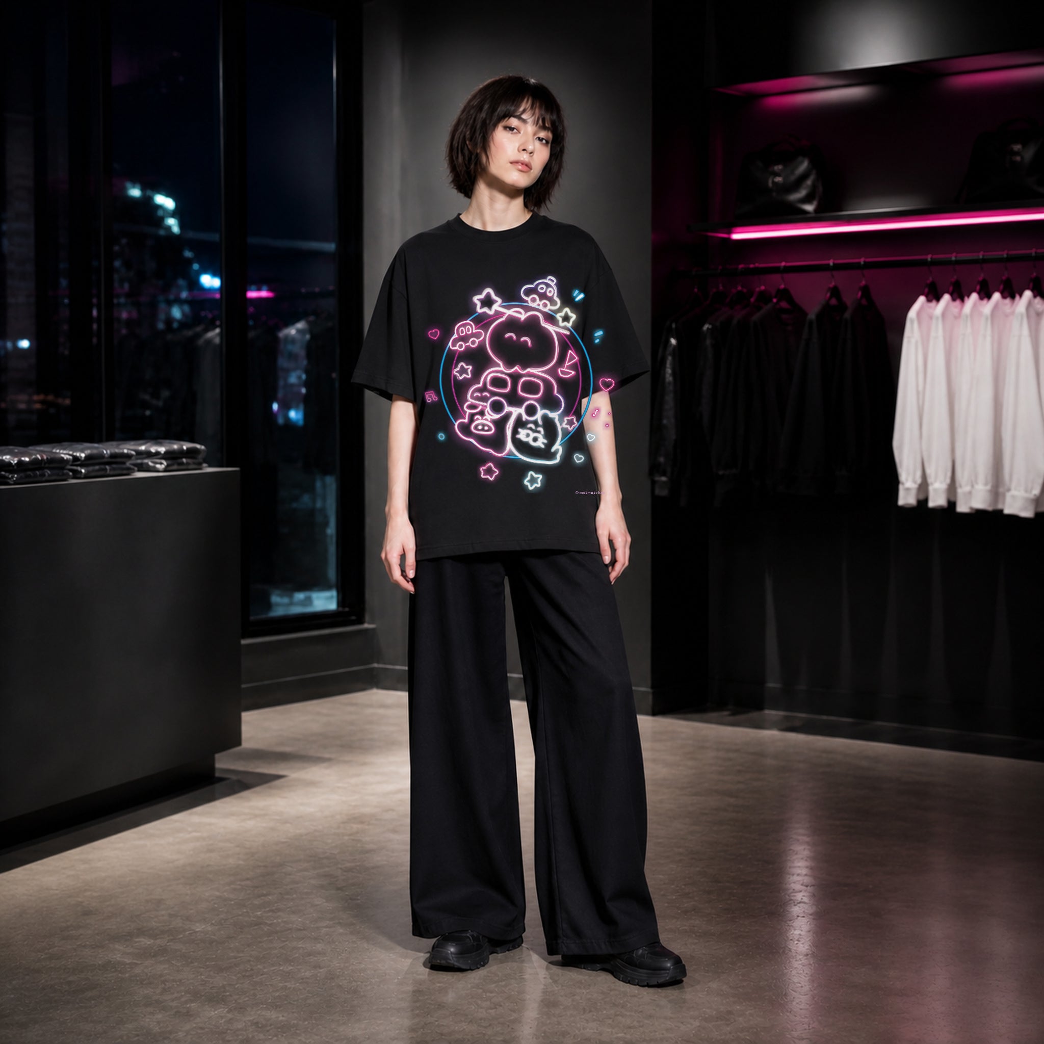 もくもくちゃんのネオン柄をプリントした黒のオーバーサイズTシャツを、若い女性がワイドパンツと合わせた着用画像。