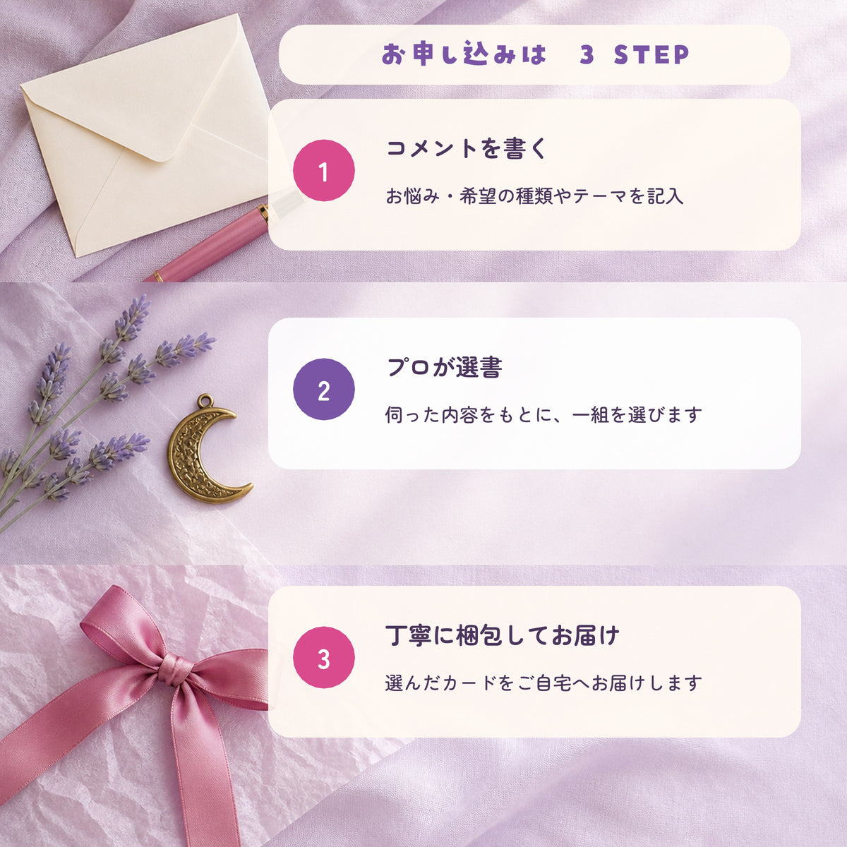 便箋、月のチャーム、リボンを背景に、コメント記入、プロによる選書、丁寧な梱包とお届けの3ステップを示す画像。