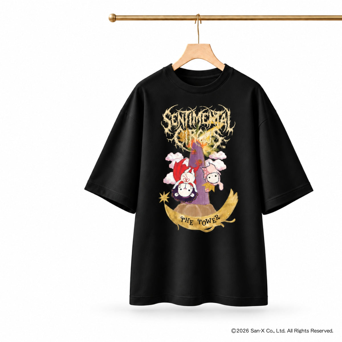 ルナズ センチメンタルサーカス タロットTシャツ THE TOWER 金のロゴの黒いオーバーサイズTシャツ