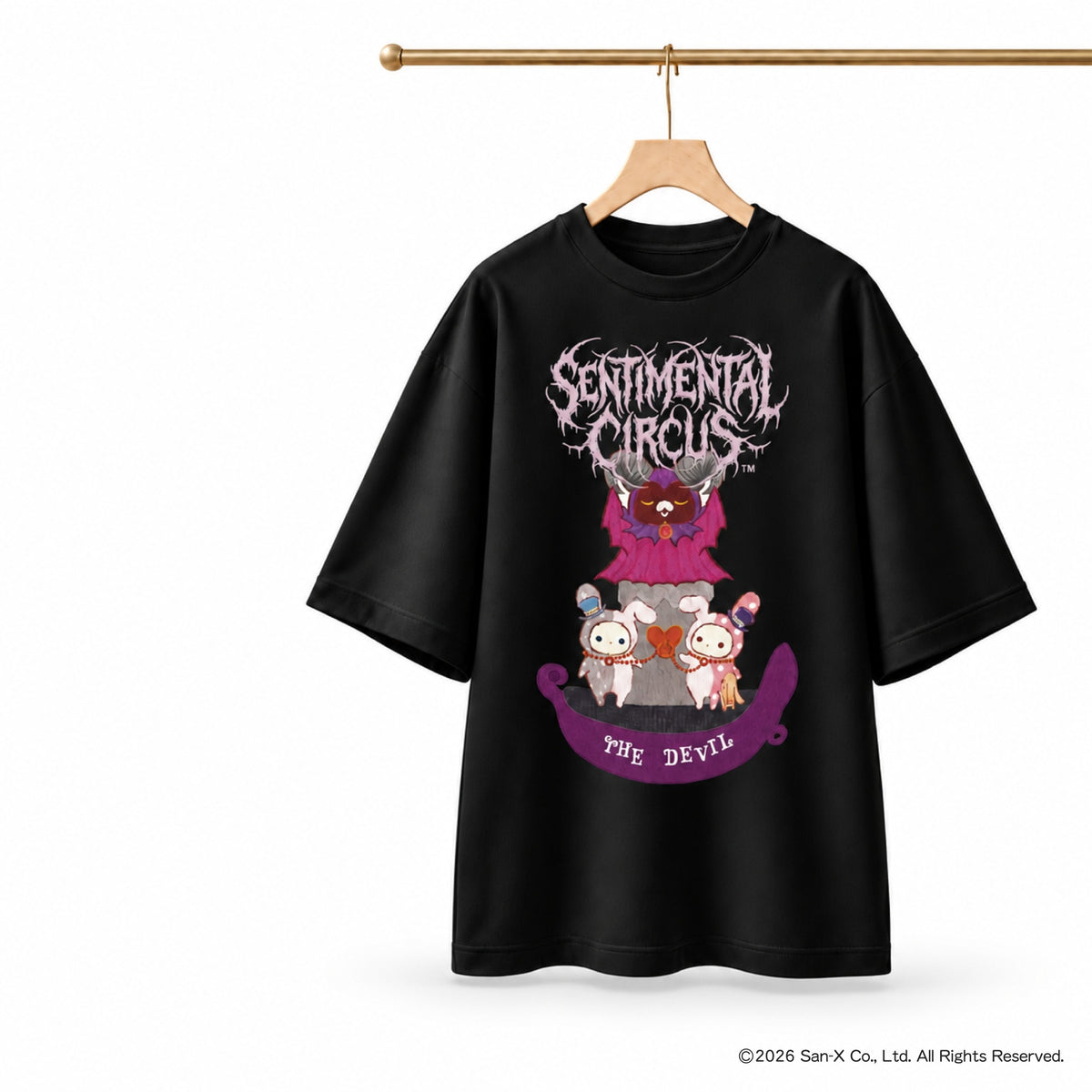 ルナズ センチメンタルサーカス タロットTシャツ THE DEVIL ピンクのロゴの黒いオーバーサイズTシャツ