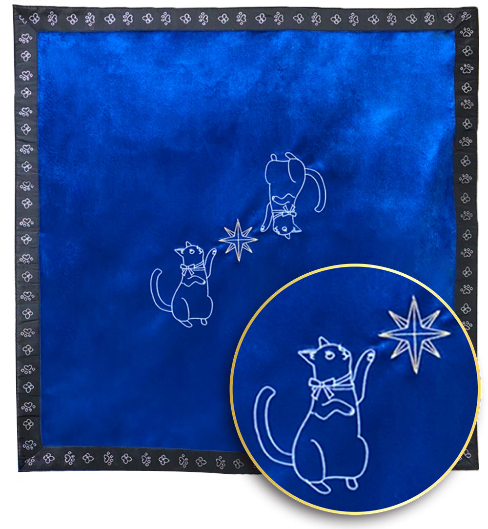 タロットクロス リーディングサポートクロス【ドリーミングキャットエディション】大判65cm×65cm ベルベット (ブルー)